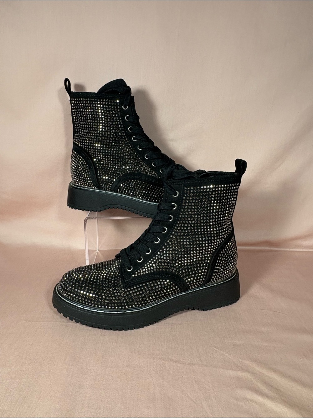 Madden Girl Kurrt-R Women's Black/Rhinestone Combat Boots Size 6.5M